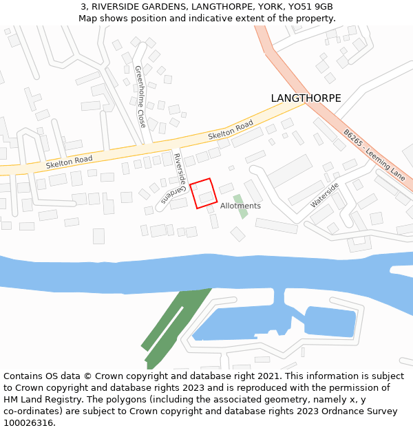 3, RIVERSIDE GARDENS, LANGTHORPE, YORK, YO51 9GB: Location map and indicative extent of plot