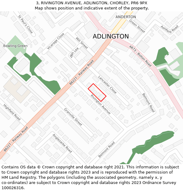 3, RIVINGTON AVENUE, ADLINGTON, CHORLEY, PR6 9PX: Location map and indicative extent of plot