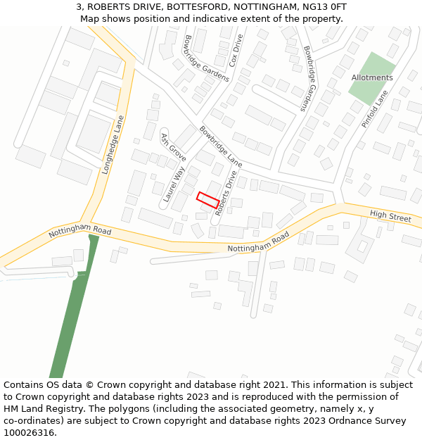 3, ROBERTS DRIVE, BOTTESFORD, NOTTINGHAM, NG13 0FT: Location map and indicative extent of plot