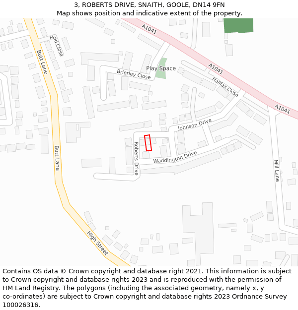 3, ROBERTS DRIVE, SNAITH, GOOLE, DN14 9FN: Location map and indicative extent of plot