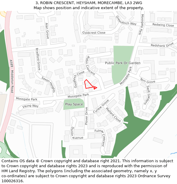 3, ROBIN CRESCENT, HEYSHAM, MORECAMBE, LA3 2WG: Location map and indicative extent of plot