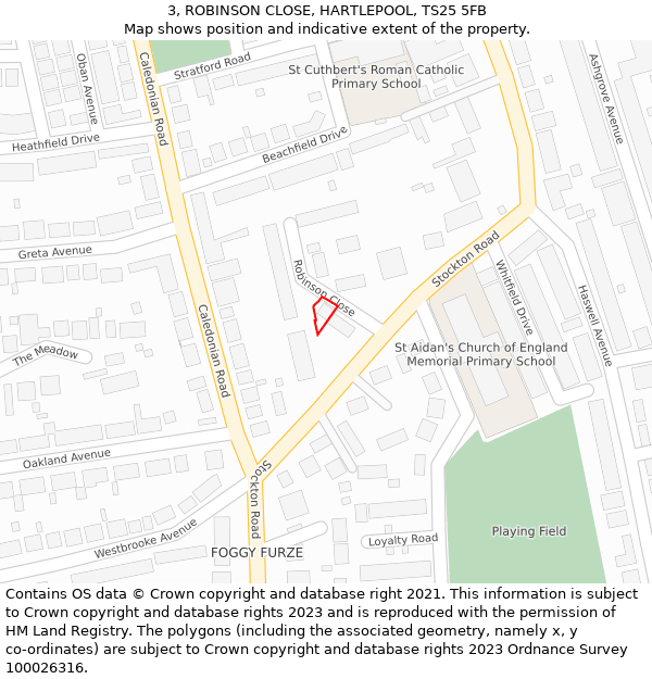 3, ROBINSON CLOSE, HARTLEPOOL, TS25 5FB: Location map and indicative extent of plot