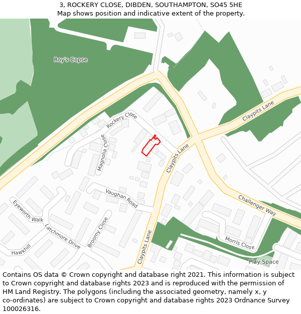 3, ROCKERY CLOSE, DIBDEN, SOUTHAMPTON, SO45 5HE: Location map and indicative extent of plot