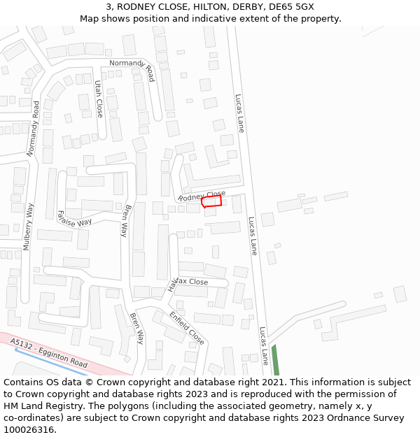 3, RODNEY CLOSE, HILTON, DERBY, DE65 5GX: Location map and indicative extent of plot