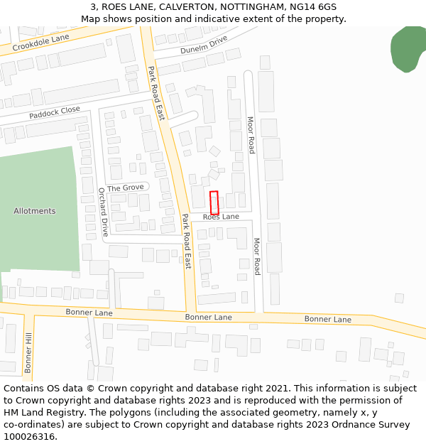 3, ROES LANE, CALVERTON, NOTTINGHAM, NG14 6GS: Location map and indicative extent of plot