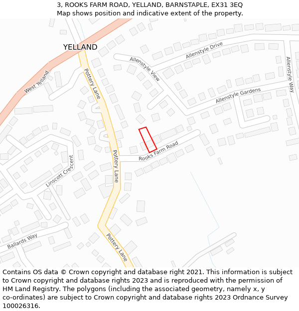 3, ROOKS FARM ROAD, YELLAND, BARNSTAPLE, EX31 3EQ: Location map and indicative extent of plot