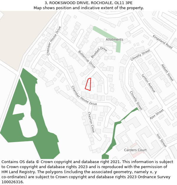 3, ROOKSWOOD DRIVE, ROCHDALE, OL11 3PE: Location map and indicative extent of plot