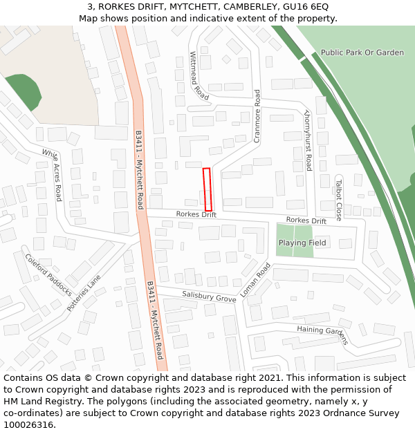 3, RORKES DRIFT, MYTCHETT, CAMBERLEY, GU16 6EQ: Location map and indicative extent of plot