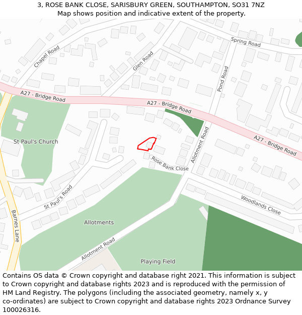 3, ROSE BANK CLOSE, SARISBURY GREEN, SOUTHAMPTON, SO31 7NZ: Location map and indicative extent of plot