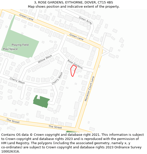 3, ROSE GARDENS, EYTHORNE, DOVER, CT15 4BS: Location map and indicative extent of plot