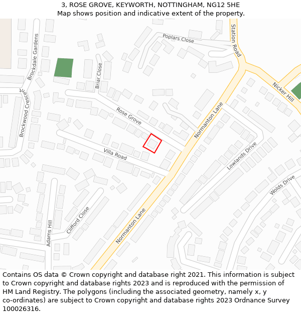 3, ROSE GROVE, KEYWORTH, NOTTINGHAM, NG12 5HE: Location map and indicative extent of plot