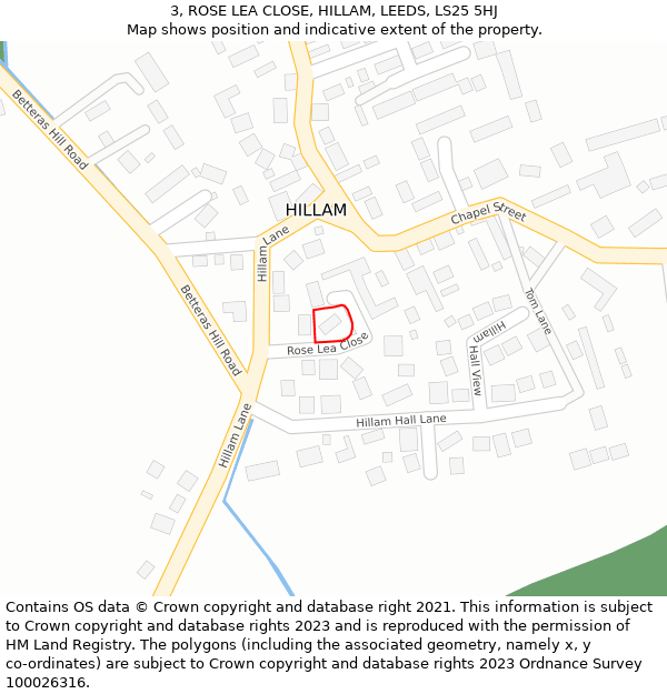 3, ROSE LEA CLOSE, HILLAM, LEEDS, LS25 5HJ: Location map and indicative extent of plot