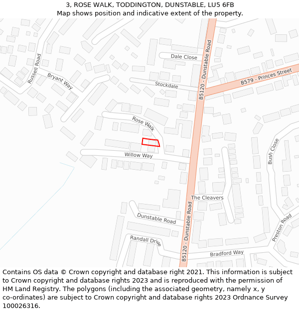 3, ROSE WALK, TODDINGTON, DUNSTABLE, LU5 6FB: Location map and indicative extent of plot