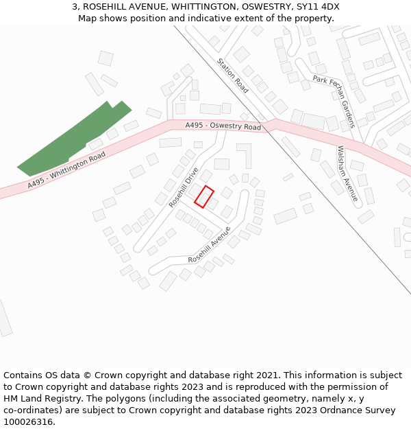 3, ROSEHILL AVENUE, WHITTINGTON, OSWESTRY, SY11 4DX: Location map and indicative extent of plot