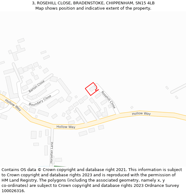 3, ROSEHILL CLOSE, BRADENSTOKE, CHIPPENHAM, SN15 4LB: Location map and indicative extent of plot