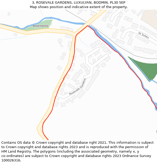 3, ROSEVALE GARDENS, LUXULYAN, BODMIN, PL30 5EP: Location map and indicative extent of plot