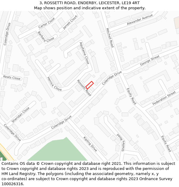 3, ROSSETTI ROAD, ENDERBY, LEICESTER, LE19 4RT: Location map and indicative extent of plot