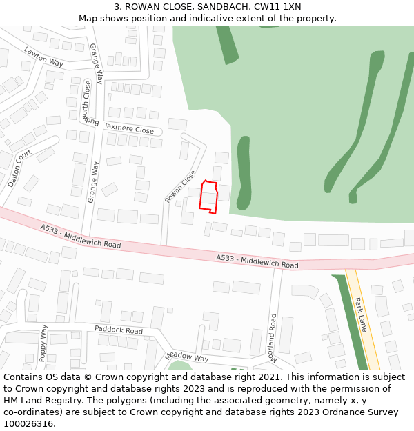 3, ROWAN CLOSE, SANDBACH, CW11 1XN: Location map and indicative extent of plot