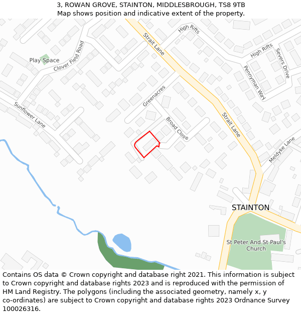 3, ROWAN GROVE, STAINTON, MIDDLESBROUGH, TS8 9TB: Location map and indicative extent of plot