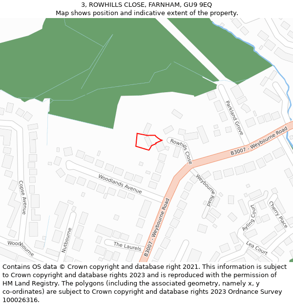 3, ROWHILLS CLOSE, FARNHAM, GU9 9EQ: Location map and indicative extent of plot