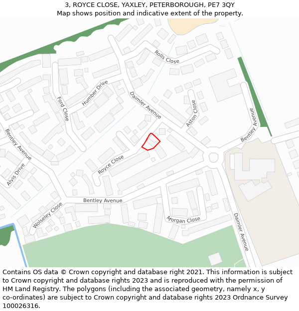 3, ROYCE CLOSE, YAXLEY, PETERBOROUGH, PE7 3QY: Location map and indicative extent of plot