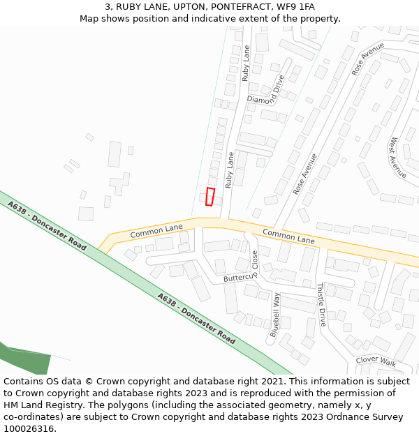 3, RUBY LANE, UPTON, PONTEFRACT, WF9 1FA: Location map and indicative extent of plot