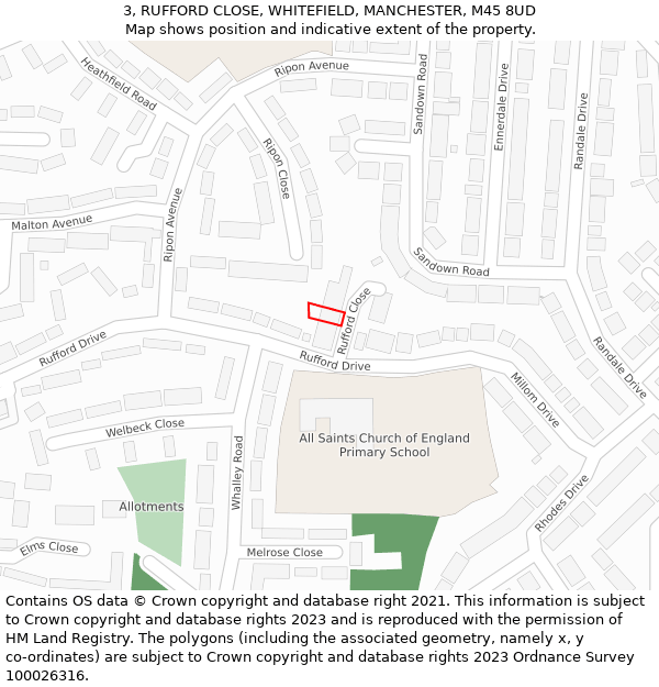 3, RUFFORD CLOSE, WHITEFIELD, MANCHESTER, M45 8UD: Location map and indicative extent of plot