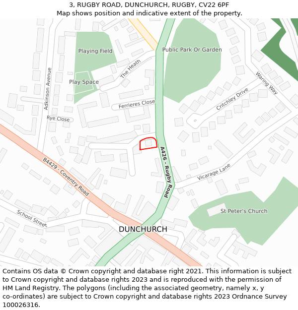 3, RUGBY ROAD, DUNCHURCH, RUGBY, CV22 6PF: Location map and indicative extent of plot