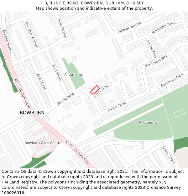 3, RUNCIE ROAD, BOWBURN, DURHAM, DH6 5EY: Location map and indicative extent of plot