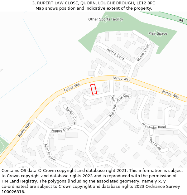 3, RUPERT LAW CLOSE, QUORN, LOUGHBOROUGH, LE12 8PE: Location map and indicative extent of plot
