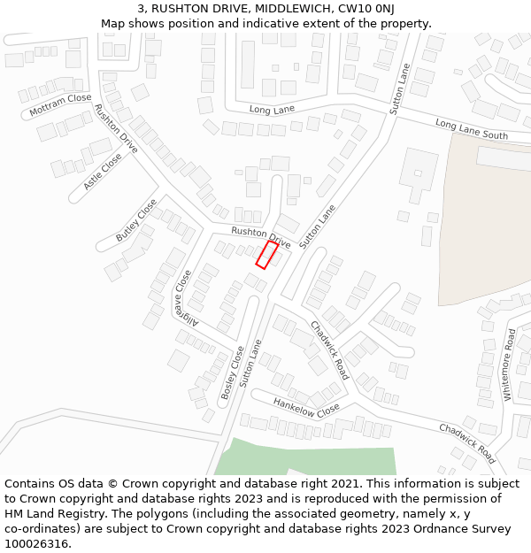 3, RUSHTON DRIVE, MIDDLEWICH, CW10 0NJ: Location map and indicative extent of plot