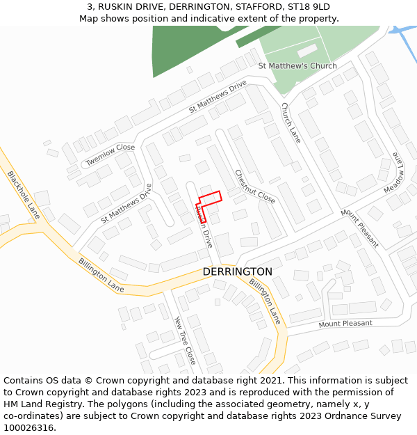 3, RUSKIN DRIVE, DERRINGTON, STAFFORD, ST18 9LD: Location map and indicative extent of plot