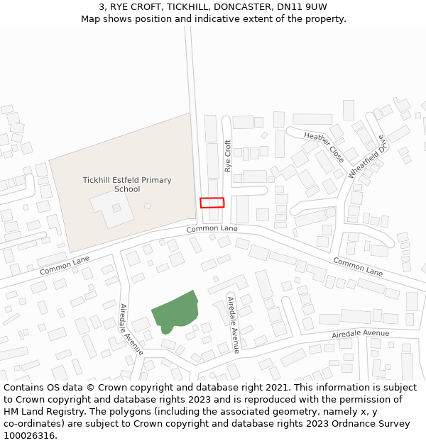 3, RYE CROFT, TICKHILL, DONCASTER, DN11 9UW: Location map and indicative extent of plot