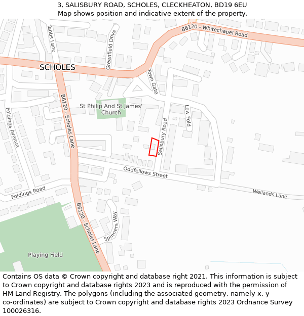 3, SALISBURY ROAD, SCHOLES, CLECKHEATON, BD19 6EU: Location map and indicative extent of plot