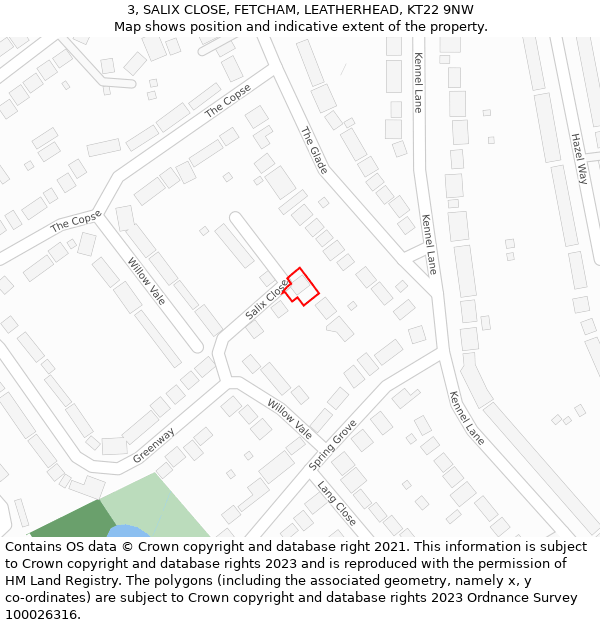 3, SALIX CLOSE, FETCHAM, LEATHERHEAD, KT22 9NW: Location map and indicative extent of plot