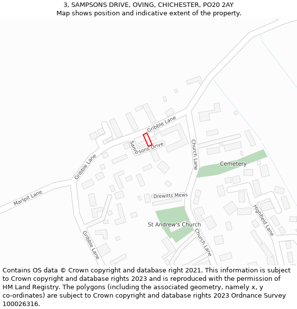 3, SAMPSONS DRIVE, OVING, CHICHESTER, PO20 2AY: Location map and indicative extent of plot