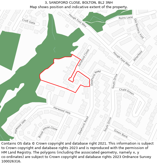 3, SANDFORD CLOSE, BOLTON, BL2 3NH: Location map and indicative extent of plot