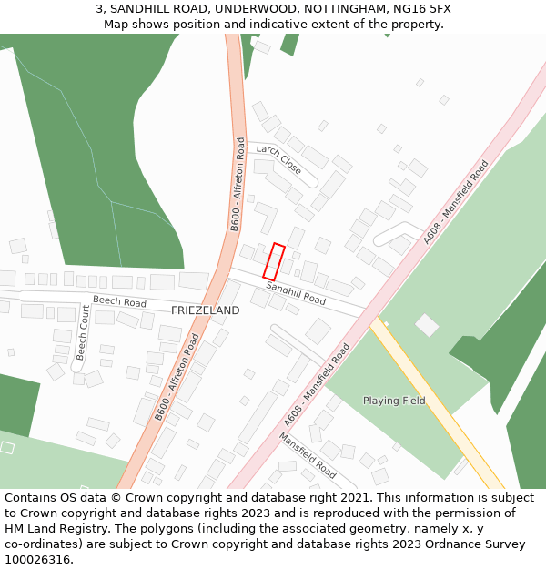 3, SANDHILL ROAD, UNDERWOOD, NOTTINGHAM, NG16 5FX: Location map and indicative extent of plot