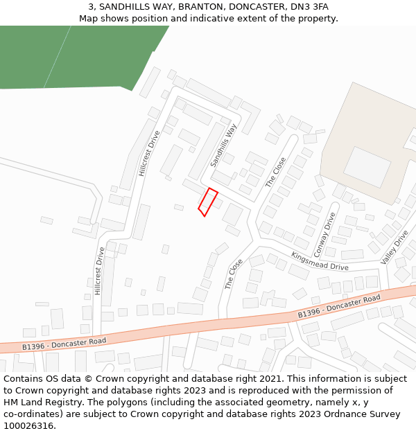 3, SANDHILLS WAY, BRANTON, DONCASTER, DN3 3FA: Location map and indicative extent of plot
