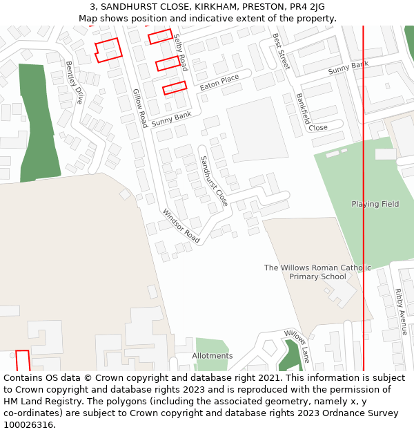 3, SANDHURST CLOSE, KIRKHAM, PRESTON, PR4 2JG: Location map and indicative extent of plot