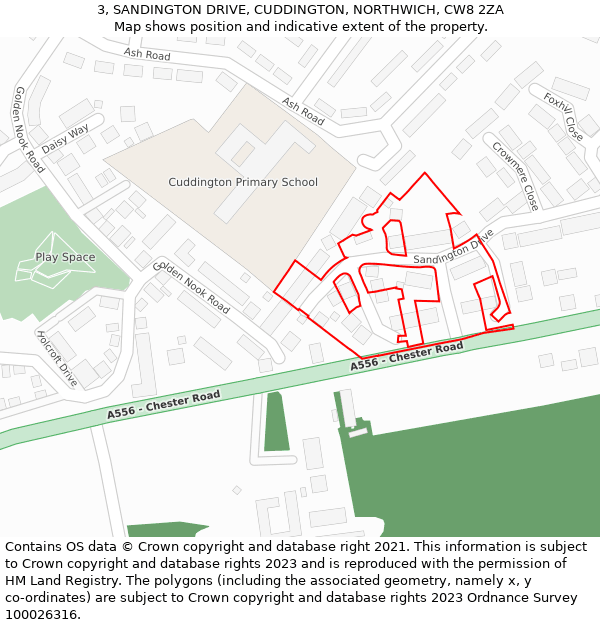 3, SANDINGTON DRIVE, CUDDINGTON, NORTHWICH, CW8 2ZA: Location map and indicative extent of plot