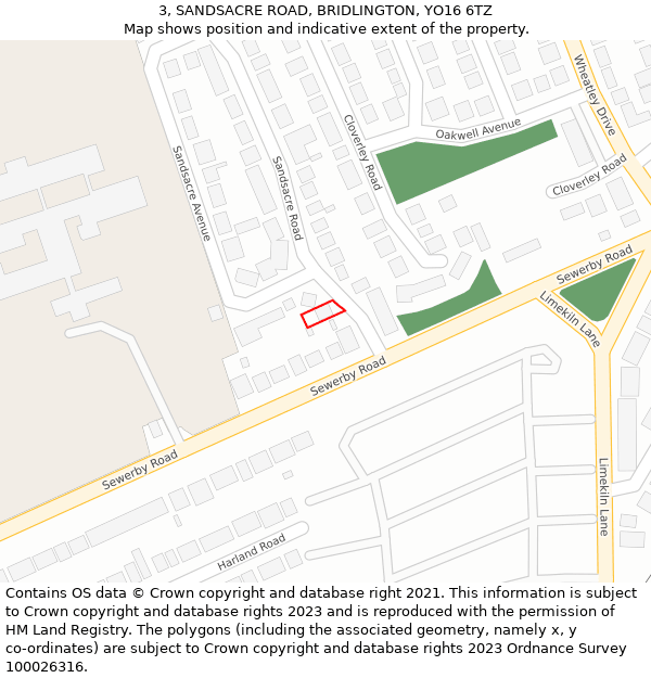 3, SANDSACRE ROAD, BRIDLINGTON, YO16 6TZ: Location map and indicative extent of plot