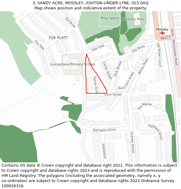 3, SANDY ACRE, MOSSLEY, ASHTON-UNDER-LYNE, OL5 0AQ: Location map and indicative extent of plot