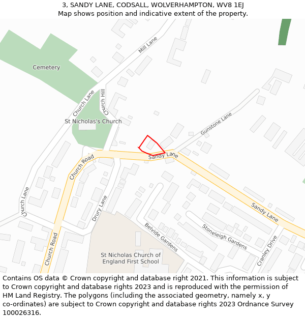 3, SANDY LANE, CODSALL, WOLVERHAMPTON, WV8 1EJ: Location map and indicative extent of plot