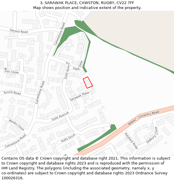 3, SARAWAK PLACE, CAWSTON, RUGBY, CV22 7FF: Location map and indicative extent of plot