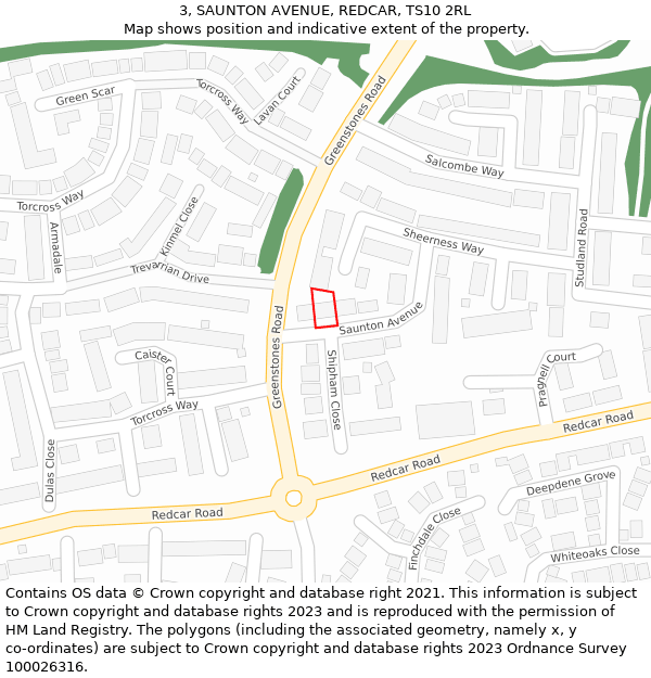 3, SAUNTON AVENUE, REDCAR, TS10 2RL: Location map and indicative extent of plot