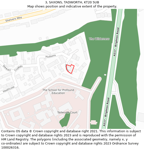3, SAXONS, TADWORTH, KT20 5UB: Location map and indicative extent of plot