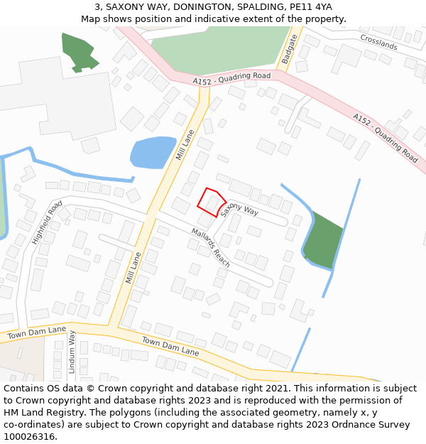 3, SAXONY WAY, DONINGTON, SPALDING, PE11 4YA: Location map and indicative extent of plot