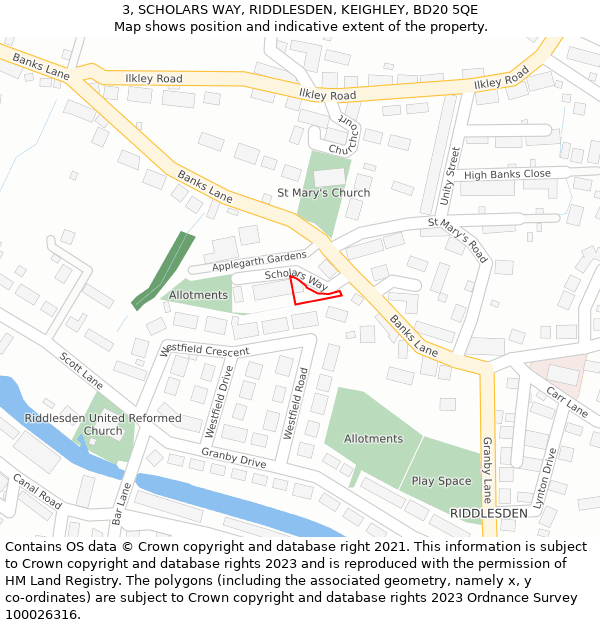 3, SCHOLARS WAY, RIDDLESDEN, KEIGHLEY, BD20 5QE: Location map and indicative extent of plot