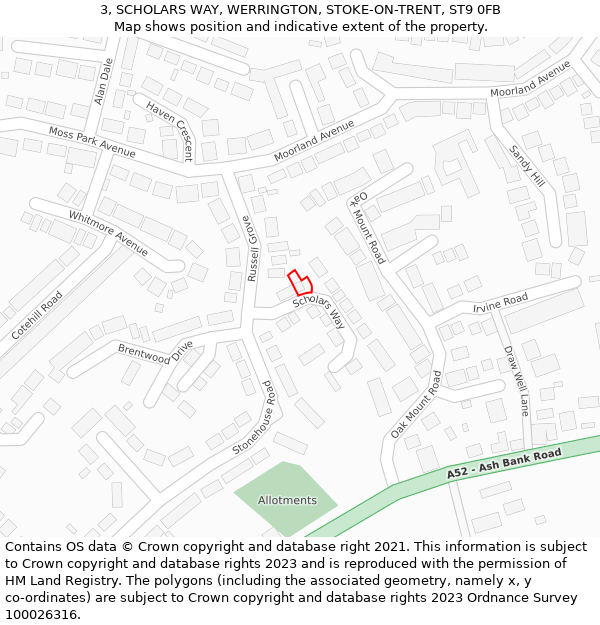 3, SCHOLARS WAY, WERRINGTON, STOKE-ON-TRENT, ST9 0FB: Location map and indicative extent of plot